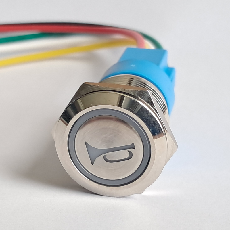 Horn Icon Blue LED Round Metal Push Button Momentary Switch 19mm with Wiring Harness