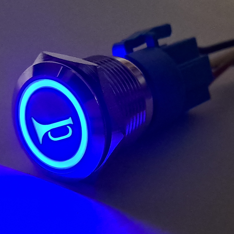 Horn Icon Blue LED Round Metal Push Button Momentary Switch 19mm with Wiring Harness