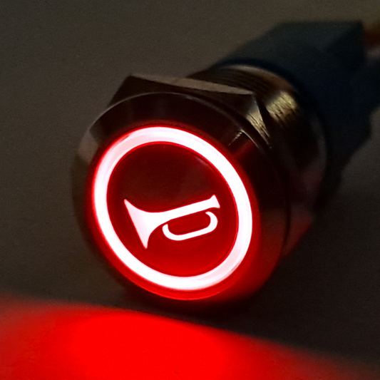 Horn Icon Red LED Round Metal Push Button Momentary Switch 19mm with Wiring Harness
