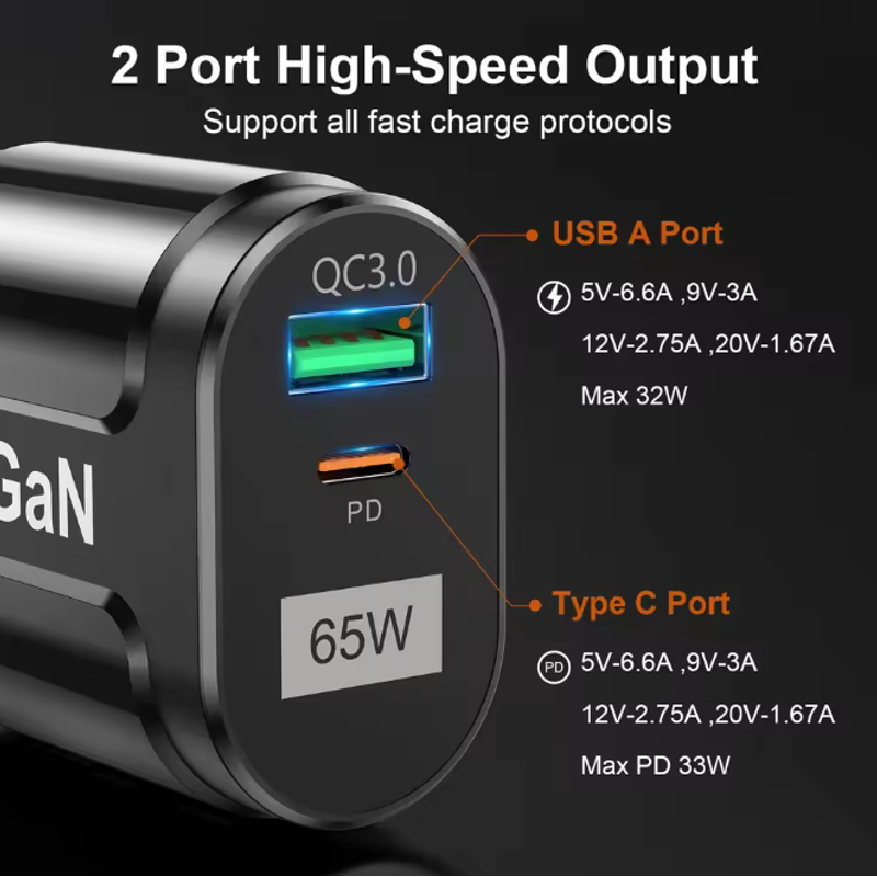 USB Fast Charger 65W QC3.0 and PD Port - Black